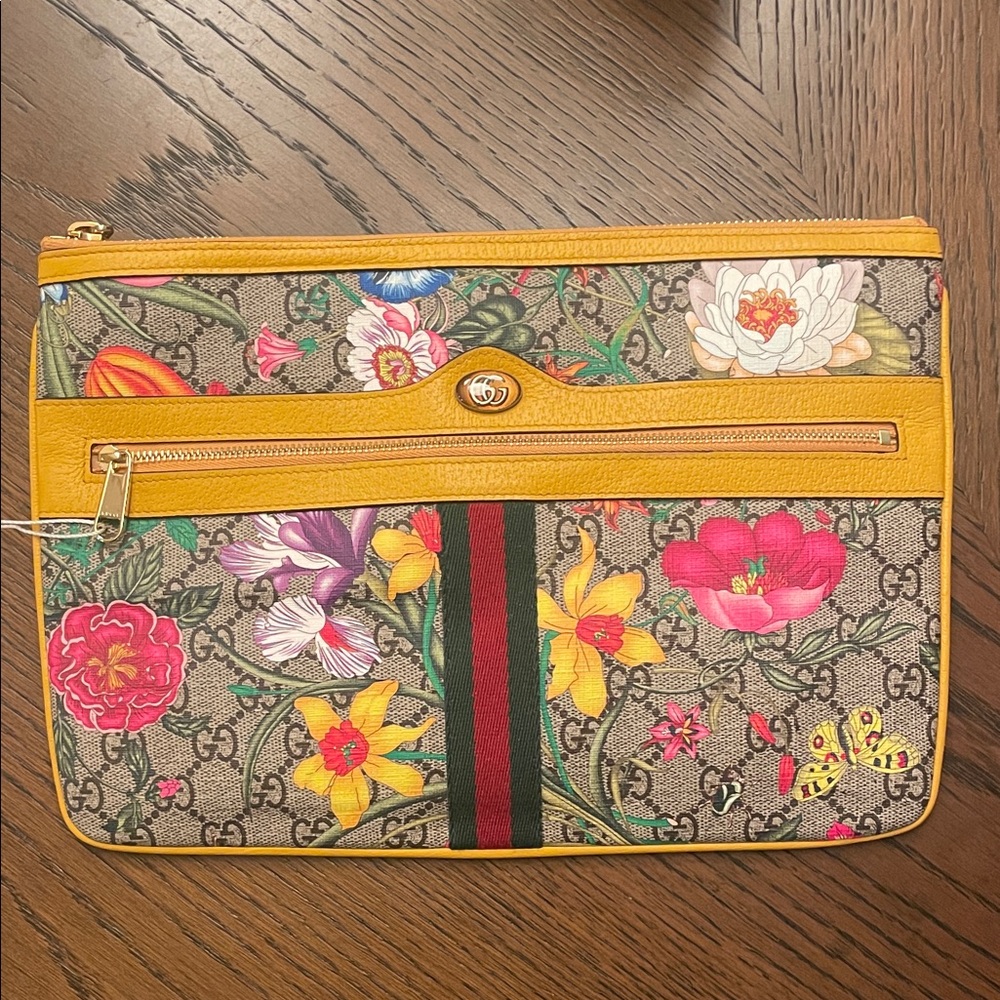 Gucci Ophidia Zip Pouch Flora GG Coated Canvas Clutch with Yellow Accents